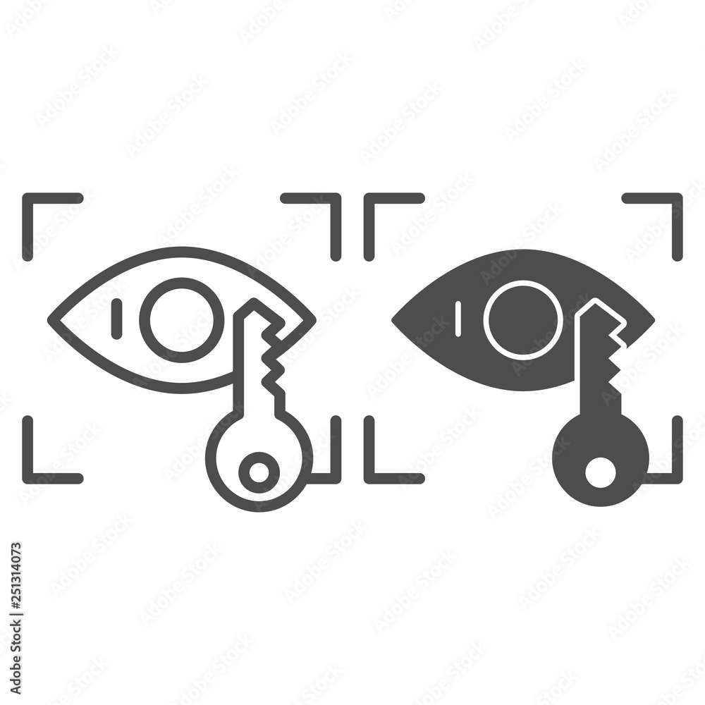 Poster retina recognition line and glyph icon. eye identification and key vector illustration isolated on w