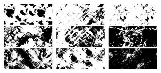 Set of wide grunge patterns. Black and white overlay texture