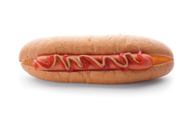 Tasty hot dog on white background