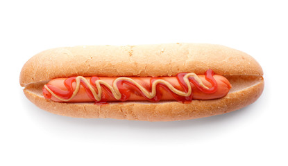 Tasty hot dog on white background