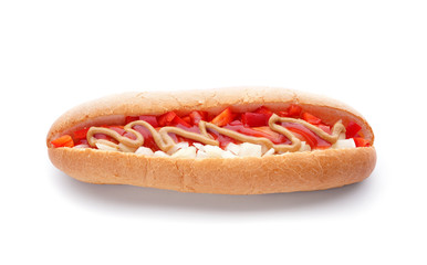 Tasty hot dog on white background