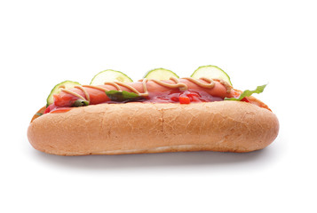 Tasty hot dog on white background