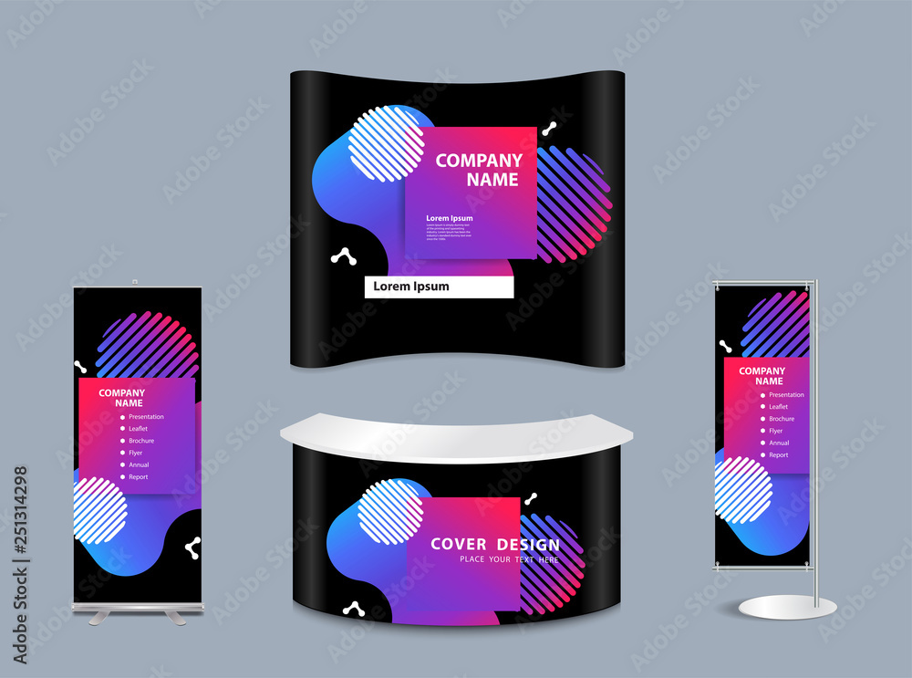 Aufkleber Exhibition stand mock-up design with templates for business Prism color of the rainbow in a bright and geometric multi-colored bubbles and fluid shapes, Vector illustration