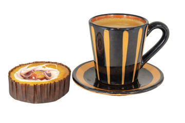 Coffee mug with cookies on white background.