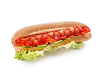 Tasty hot dog on white background