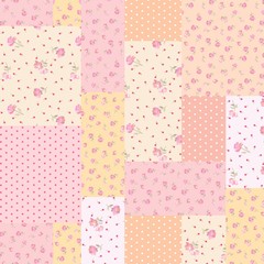 Seamless patchwork pattern with pink flowers. Elegant print for fabric in pastel colors.