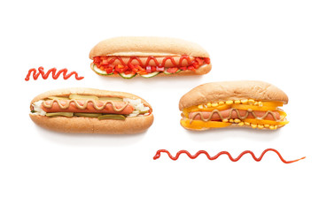 Tasty hot dogs on white background