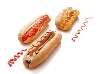 Tasty hot dogs on white background