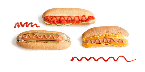 Tasty hot dogs on white background
