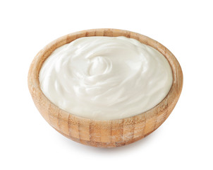 Bowl with tasty yogurt on white background