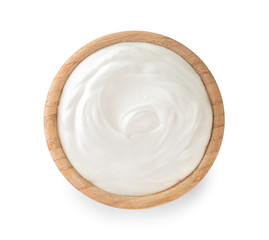 Bowl with tasty yogurt on white background