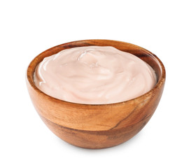 Bowl with tasty yogurt on white background