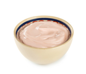 Bowl with tasty yogurt on white background