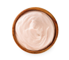 Bowl with tasty yogurt on white background