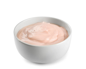 Bowl with tasty yogurt on white background