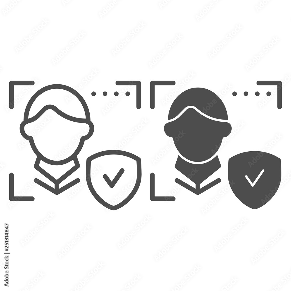 Poster biometric facial recognition done line and glyph icon. face scan and check vector illustration isola