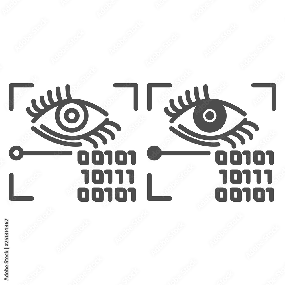 Poster retina recognition line and glyph icon. eye identification and binary code vector illustration isola