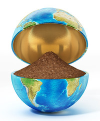 Half open globe with soil isolated on white background. 3D illustration