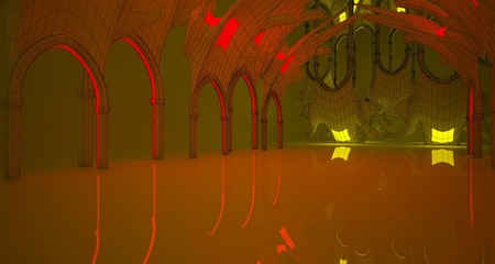 Abstract  white Futuristic Sci-Fi Gothic interior With Yellow And Red Glowing Neon Tubes . 3D illustration and rendering.