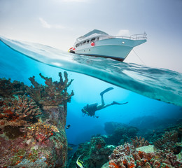Split photography of safari yacht and diver