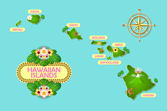 Rough and not detailed Hawaiian islands with traditional folk floral decoration sign.