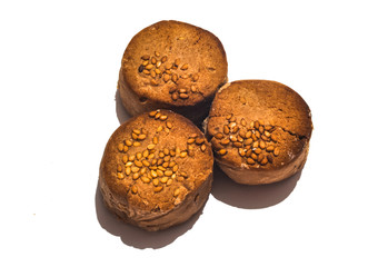 Traditional Spanish Christmas candy. Polvorones. Almond cookies. White background. Close up.