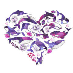 Ocean watercolor composition heart with silhouettes of sea animals: whales, dolphins, killer whales, stingrays and narwhals, purple flowers, twigs and branches 