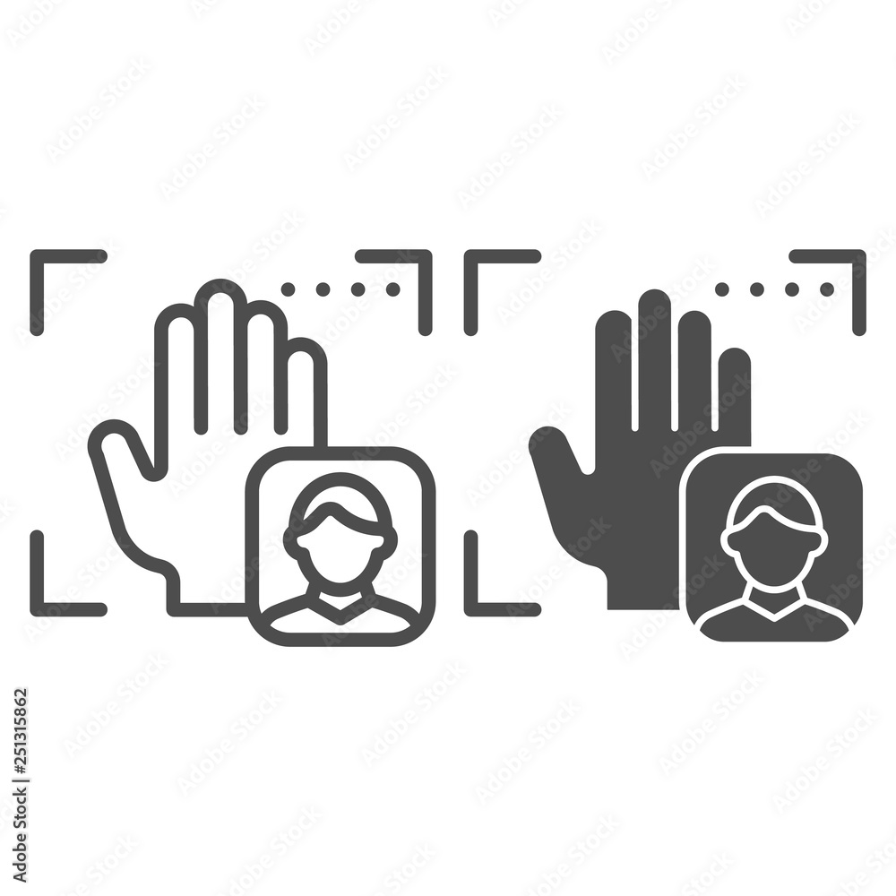 Poster palm user recognition line and glyph icon. focus with hand print vector illustration isolated on whi