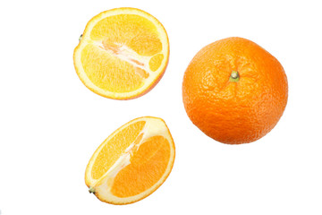 orange with slices isolated on white background. healthy food. top view