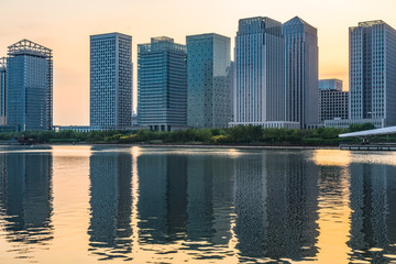 Fototapeta premium urban skyline and modern buildings at dusk, cityscape of China.