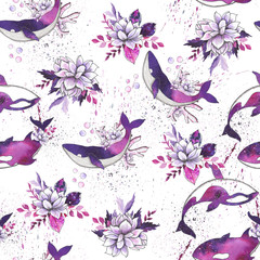 Ocean watercolor collection with silhouettes of sea animals: whales, dolphins, killer whales, stingrays and narwhals with purple flower and fantastic space backgrounds