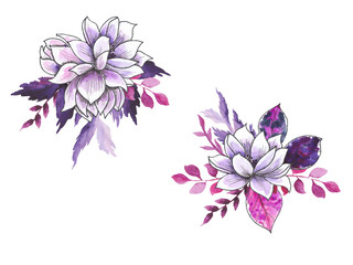 Ocean watercolor bouquets with purple flowers, lotus, lily, sea corals, twigs and branches isolated on white  background