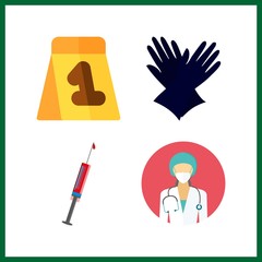 4 glove icon. Vector illustration glove set. gloves and needle with blood icons for glove works