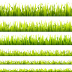 Fresh and green spring grass sprouts and herbal growth seamless banners. Springtime lawn panorama in a sunlight. Foliage lines for website footers and decorations.