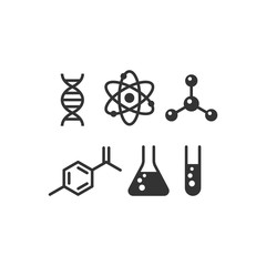 Chemistry black isolated vector icon set. Molecule, dna, test tube and atom simple glyph icons.