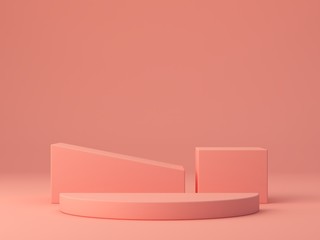 Pink coral shapes on a coral abstract background. Two minimal boxes and a cylinder podium.Scene with geometrical forms. Empty showcase for cosmetic product presentation. Fashion magazine. 3d render. 