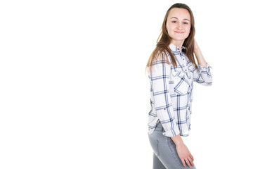 student pretty cute girl isolated in white background with blank copyspace