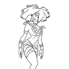 Cartoon woman in ancient clothes, with amazing hairstyle, outline on white background