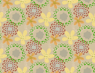 Seamless pattern with flowers and abstract details in warm summer shades.