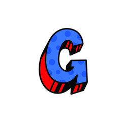Logo, letter G. Vector. Linear, outline icon. Volumetric mark, 3D. Color capital letter. Illustration with pattern. Symbol on white background. Cartoon style. The image of the circus.
