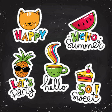 Set of cool stickers, patches with food and summer elements. 