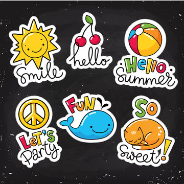 Set of cool stickers, patches with food and summer elements. 