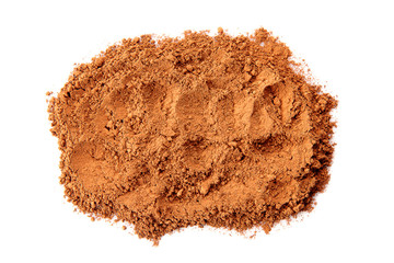 Close up view on texture of cocoa powder isolated on white backgrond. Useful image for designer with copy space