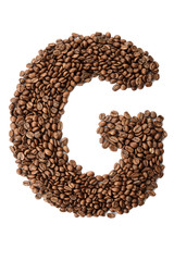 Coffee font alphabet concept isolated on white background. Top view Alphabet made of roasted coffee beans. Collection of brilliant font for your unique idea. Letter G