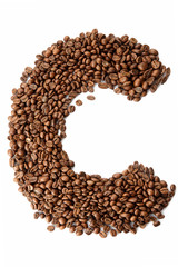 Coffee font alphabet concept isolated on white background. Top view Alphabet made of roasted coffee beans. Collection of brilliant font for your unique idea. Letter C