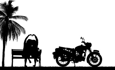  silhouette happy lover couple and  classic motorcycle on white background