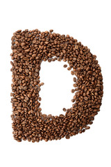 Coffee font alphabet concept isolated on white background. Top view Alphabet made of roasted coffee beans. Collection of brilliant font for your unique idea. Letter D