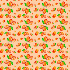 Watercolor illustration of fresh peaches isolated on a peach background. Seamless pattern