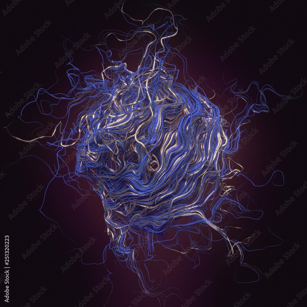Poster Abstract interweaving psychedelic blue and silver lines on a dark. Curled wire futuristic pattern. 3d rendering