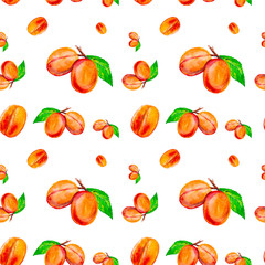 Watercolor illustration of fresh peaches isolated on a white background. Seamless pattern